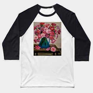 Abstract red and pink flowers im a metallic blue jug vase . On a table Baseball T-Shirt